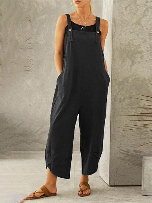 Solid color button up spaghetti strap jumpsuit kakaclo
