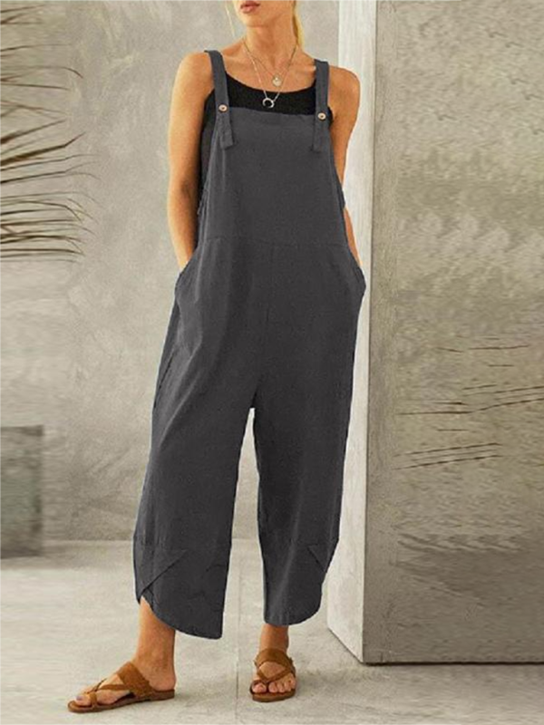 Solid color button up spaghetti strap jumpsuit kakaclo