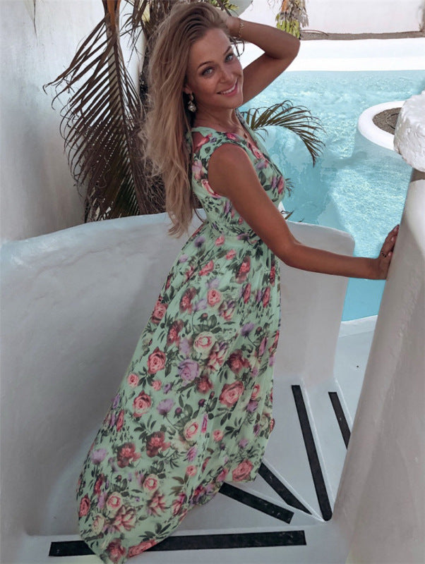 Elegant Floral Print Chiffon Dress Sleeveless Vacation Beach Slit Maxi Dress kakaclo