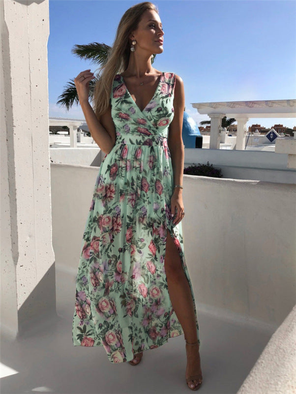 Elegant Floral Print Chiffon Dress Sleeveless Vacation Beach Slit Maxi Dress kakaclo
