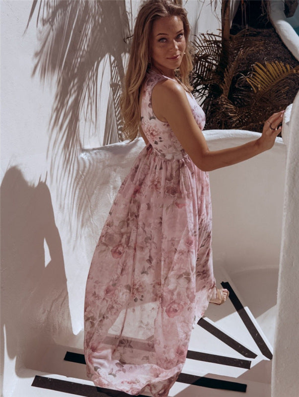 Elegant Floral Print Chiffon Dress Sleeveless Vacation Beach Slit Maxi Dress kakaclo