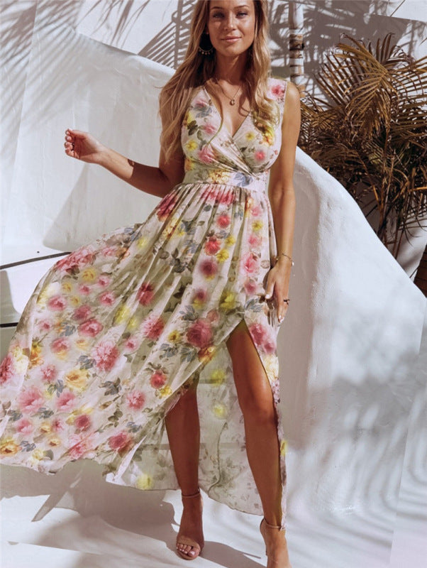 Elegant Floral Print Chiffon Dress Sleeveless Vacation Beach Slit Maxi Dress kakaclo