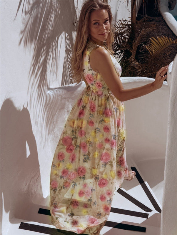 Elegant Floral Print Chiffon Dress Sleeveless Vacation Beach Slit Maxi Dress kakaclo