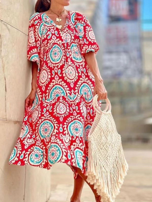 Blue Zone Planet | Ava's Geometric Collage Puff Sleeve Street Holiday Dress BLUE ZONE PLANET