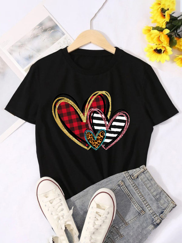 Blue Zone Planet | Mother's Day Valentine's Day Leopard Love Print Top Short Sleeve T-Shirt kakaclo