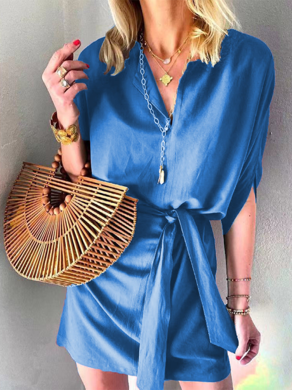 Blue Zone Planet | Solid Color Half Sleeve Tie Dress BLUE ZONE PLANET