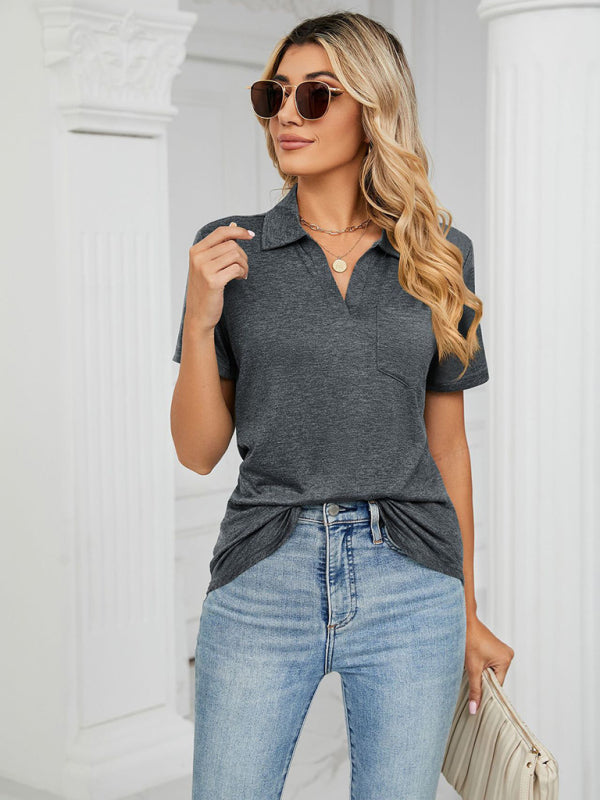 Blue Zone Planet | solid color short-sleeved lapel pocket loose polo t-shirt BLUE ZONE PLANET