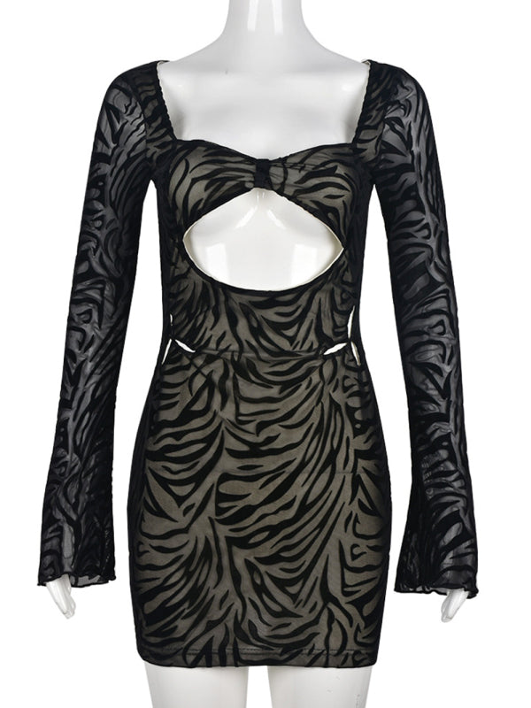 Women's zebra print flocked mesh long-sleeved dress kakaclo