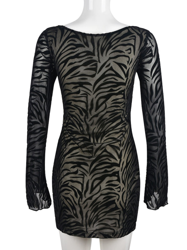 Women's zebra print flocked mesh long-sleeved dress kakaclo