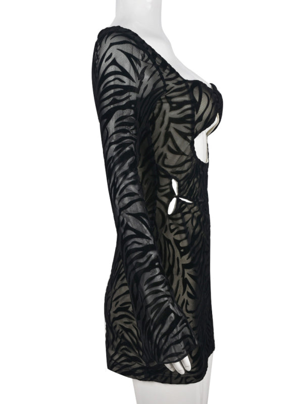 Women's zebra print flocked mesh long-sleeved dress kakaclo