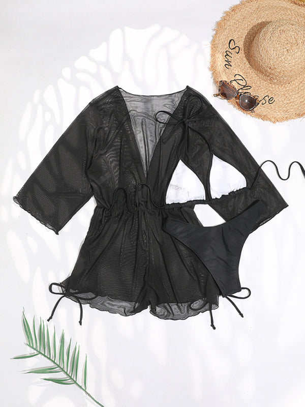 Blue Zone Planet |  Solid Color Lace Up High Waist Bikini Three-Piece Set BLUE ZONE PLANET