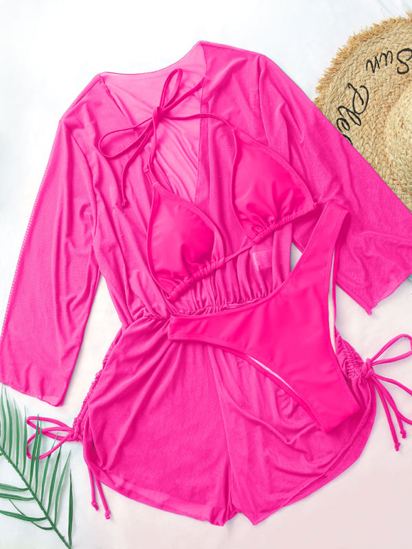 Blue Zone Planet |  Solid Color Lace Up High Waist Bikini Three-Piece Set BLUE ZONE PLANET