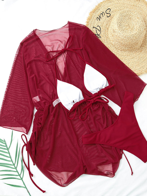 Blue Zone Planet |  Solid Color Lace Up High Waist Bikini Three-Piece Set BLUE ZONE PLANET