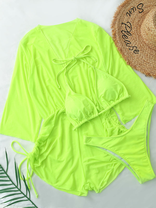 Blue Zone Planet |  Solid Color Lace Up High Waist Bikini Three-Piece Set BLUE ZONE PLANET