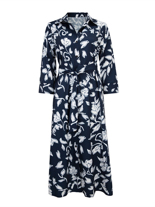 Printed Cropped Sleeves Mid-Length Shirt Dress kakaclo