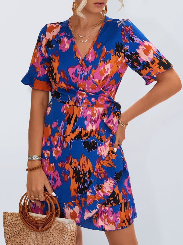 Blue Zone Planet | Lily's Woven V-Neck Ruffle Wrap Short Sleeve Dress BLUE ZONE PLANET