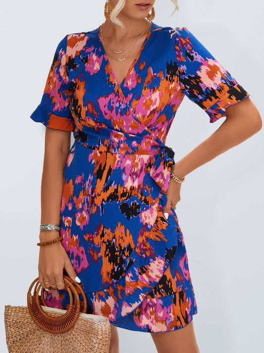 Blue Zone Planet |  Lily's Woven V-Neck Ruffle Wrap Short Sleeve Dress BLUE ZONE PLANET