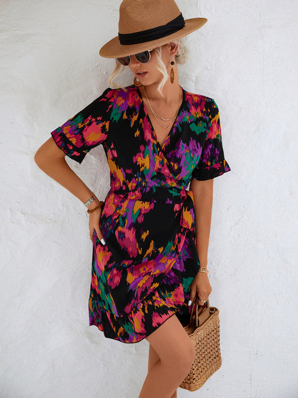 Blue Zone Planet | Lily's Woven V-Neck Ruffle Wrap Short Sleeve Dress BLUE ZONE PLANET