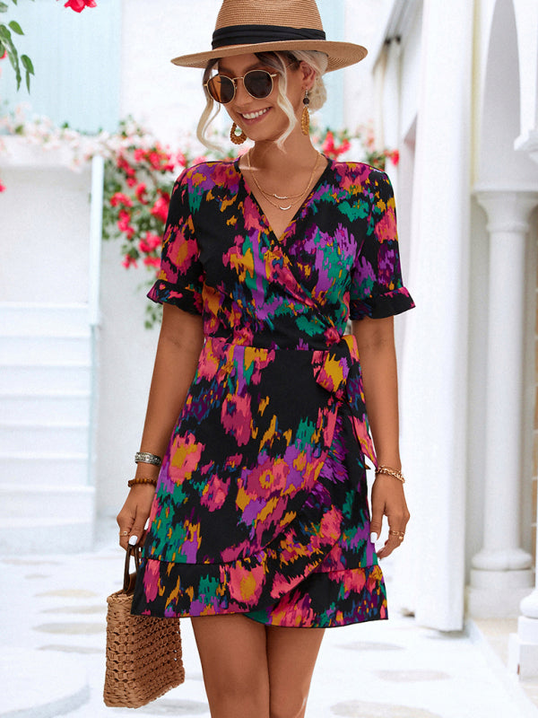 Blue Zone Planet | Lily's Woven V-Neck Ruffle Wrap Short Sleeve Dress BLUE ZONE PLANET