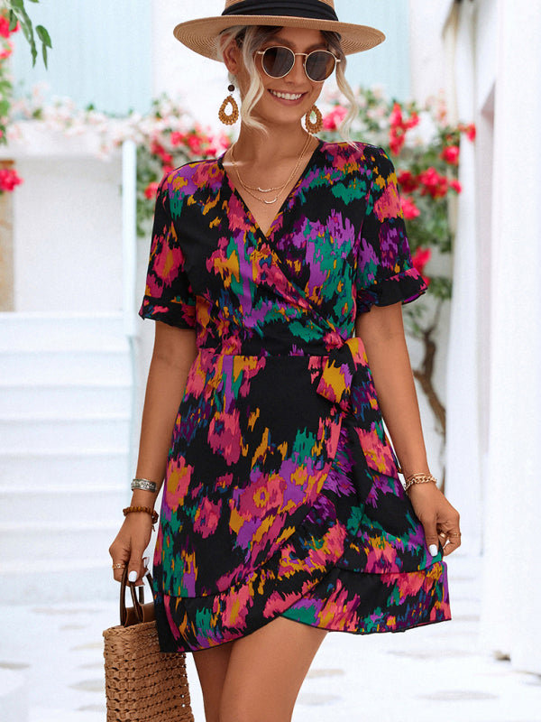 Blue Zone Planet | Lily's Woven V-Neck Ruffle Wrap Short Sleeve Dress BLUE ZONE PLANET