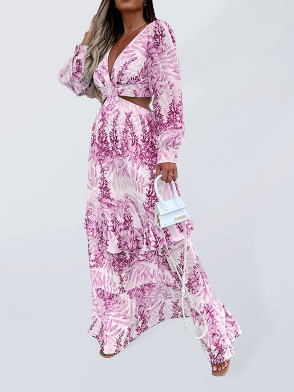 Blue Zone Planet | V-neck hollow design print holiday long-sleeved dress BLUE ZONE PLANET