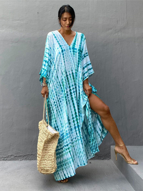 Blue Zone Planet | Cotton printed beach blouse gown holiday sun protection shirt bikini blouse holiday dress kakaclo