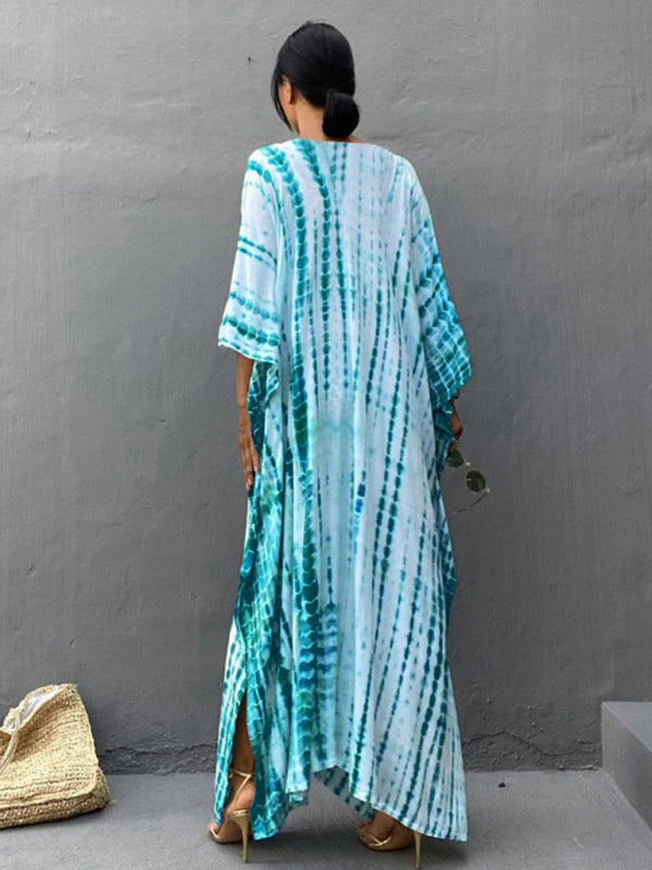 Blue Zone Planet | Cotton printed beach blouse gown holiday sun protection shirt bikini blouse holiday dress kakaclo