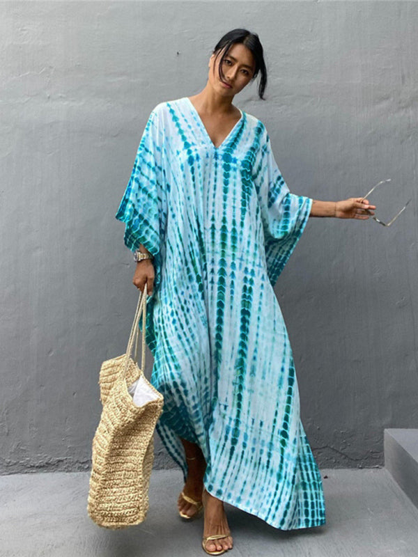 Blue Zone Planet | Cotton printed beach blouse gown holiday sun protection shirt bikini blouse holiday dress kakaclo