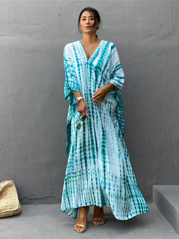 Blue Zone Planet | Cotton printed beach blouse gown holiday sun protection shirt bikini blouse holiday dress kakaclo