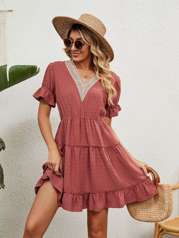 Women's Woven Chiffon Jacquard V-Neck Casual Dress kakaclo