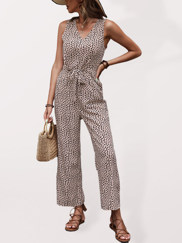 Women's Woven Fashion Casual Leopard Print V-Neck Jumpsuit kakaclo