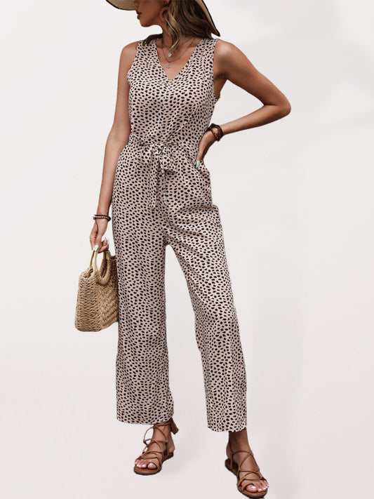 Women's Woven Fashion Casual Leopard Print V-Neck Jumpsuit kakaclo