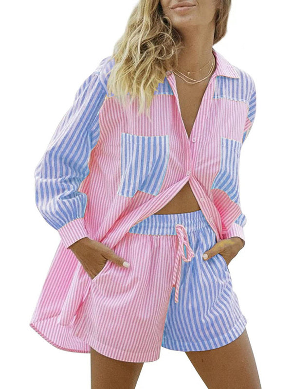 Blue Zone Planet | Summer Beach Sportswear Shorts Set Striped Shirt Tops Shorts Set Two-Piece Set BLUE ZONE PLANET