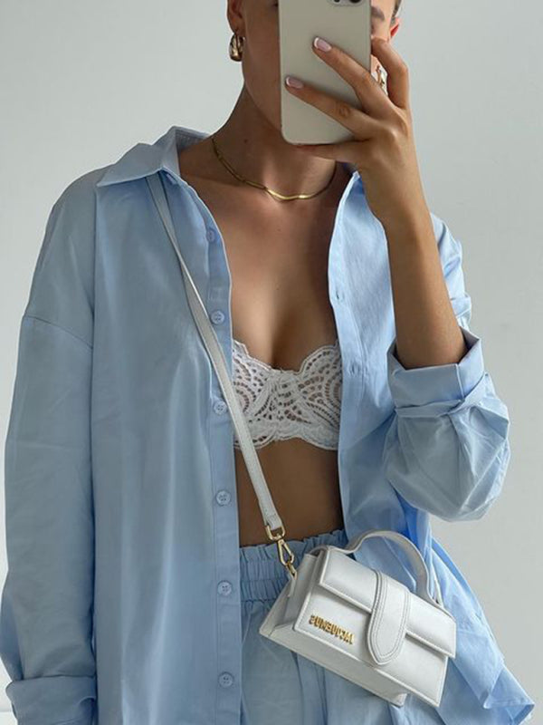 Blue Zone Planet | Two-piece Solid Color Single Breasted Long Sleeve Lapel Shirt Shorts Loose Suit BLUE ZONE PLANET