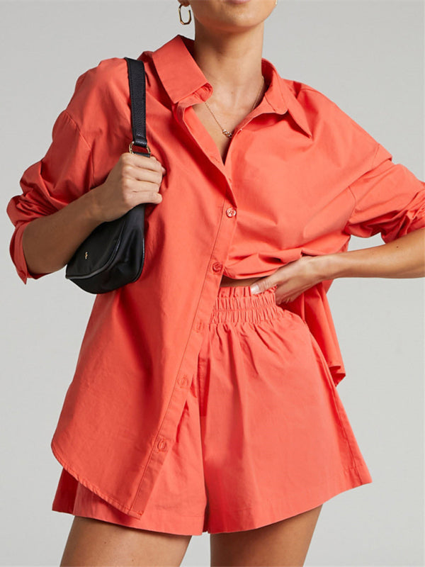 Blue Zone Planet | Two-piece Solid Color Single Breasted Long Sleeve Lapel Shirt Shorts Loose Suit BLUE ZONE PLANET