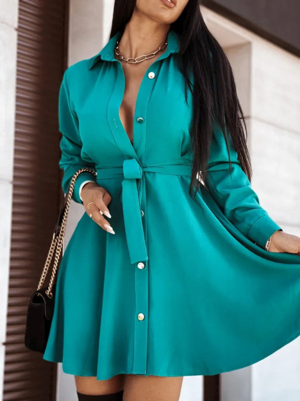 Blue Zone Planet | European and American lapel button tie shirt dress BLUE ZONE PLANET