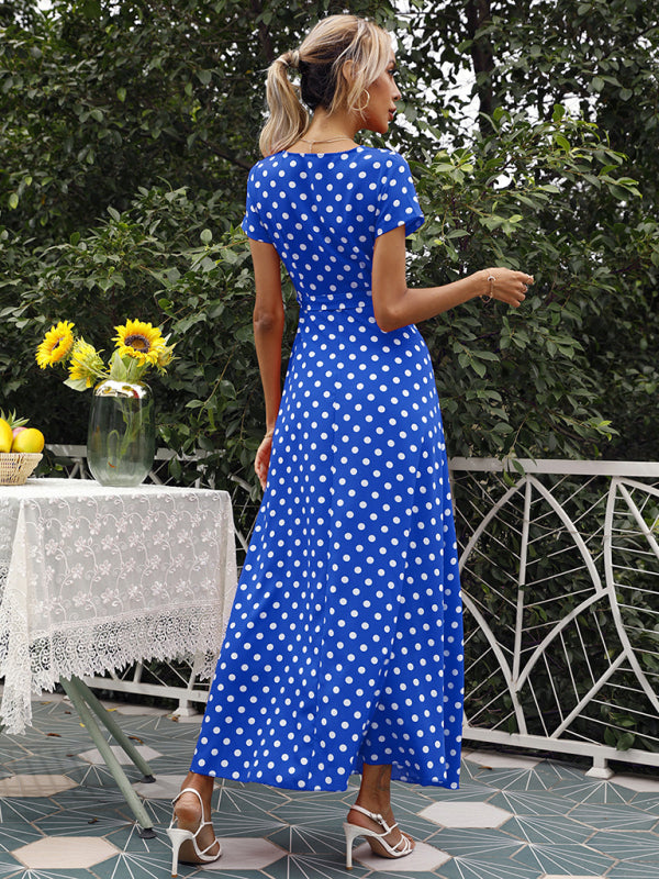 Blue Zone Planet |  Waist Short Sleeve Polka Dot Slit Dress BLUE ZONE PLANET