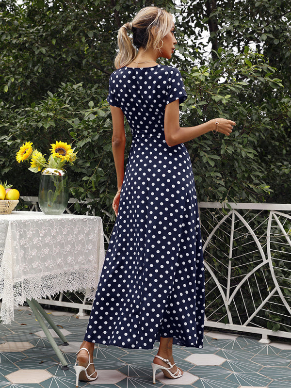 Blue Zone Planet |  Waist Short Sleeve Polka Dot Slit Dress BLUE ZONE PLANET