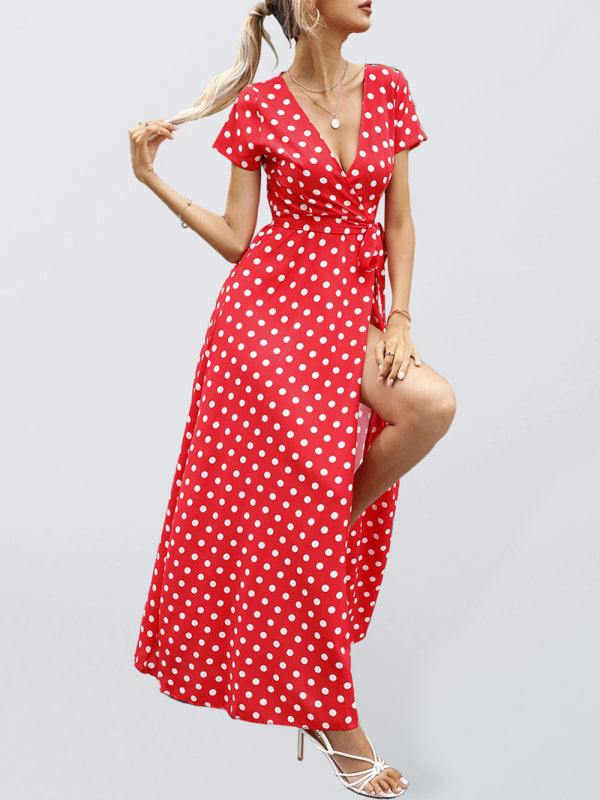 Waist Short Sleeve Polka Dot Slit Dress