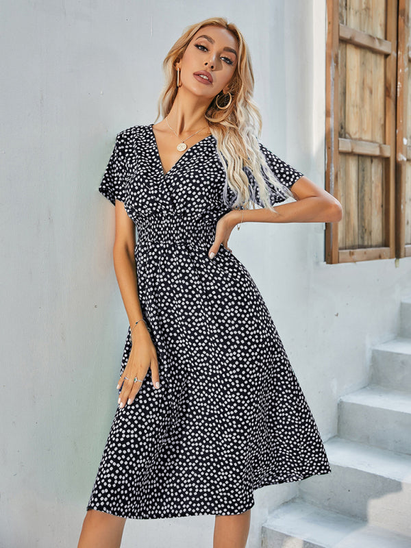 Summer elegant vacation V-neck floral print short-sleeved dress BLUE ZONE PLANET