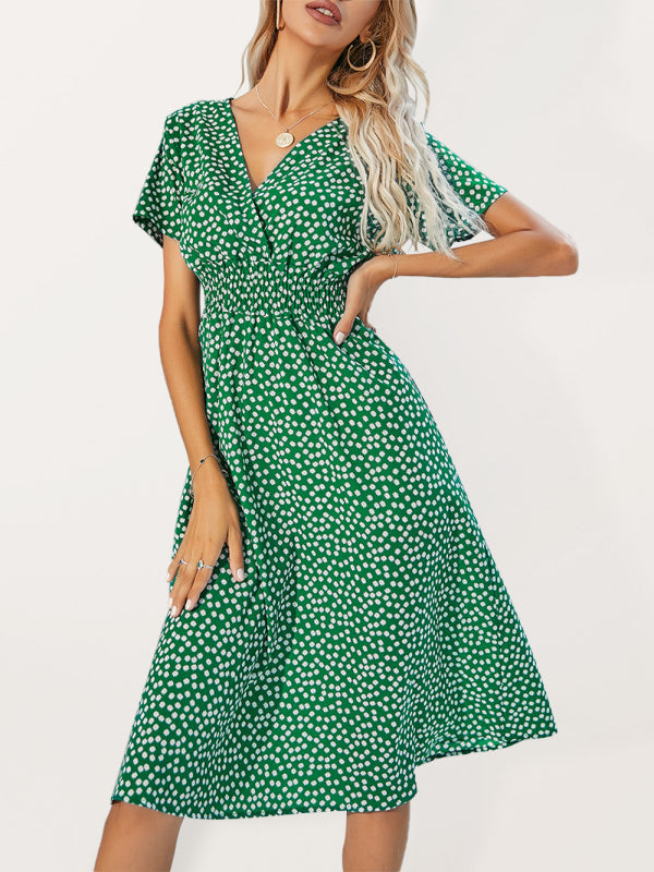 Summer elegant vacation V-neck floral print short-sleeved dress BLUE ZONE PLANET