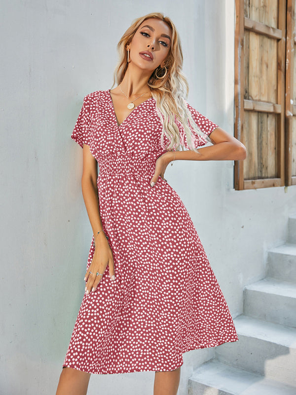 Summer elegant vacation V-neck floral print short-sleeved dress BLUE ZONE PLANET