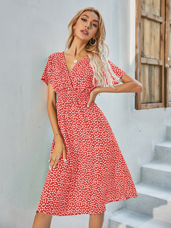 Summer elegant vacation V-neck floral print short-sleeved dress BLUE ZONE PLANET