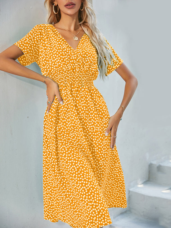 Summer elegant vacation V-neck floral print short-sleeved dress BLUE ZONE PLANET