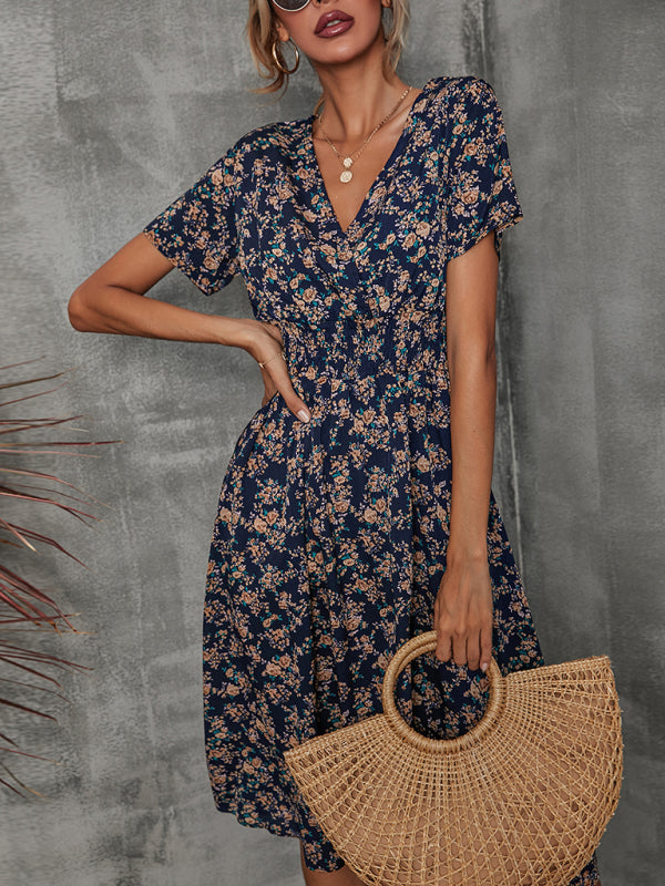 Summer new elegant vacation V-neck floral print short-sleeved dress BLUE ZONE PLANET