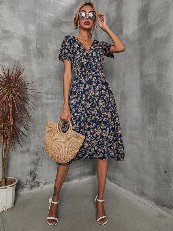 Summer new elegant vacation V-neck floral print short-sleeved dress BLUE ZONE PLANET