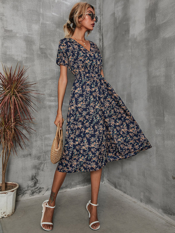 Summer new elegant vacation V-neck floral print short-sleeved dress BLUE ZONE PLANET