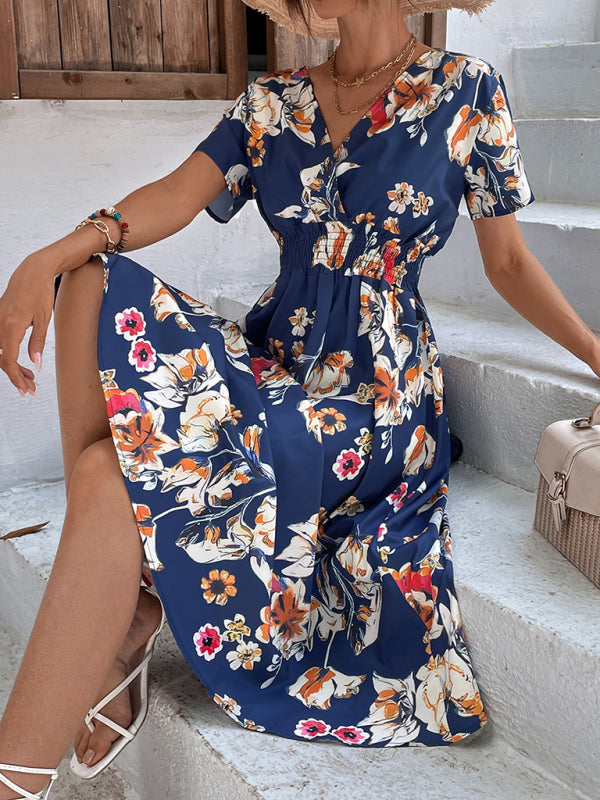 Summer new elegant vacation V-neck floral print short-sleeved dress BLUE ZONE PLANET
