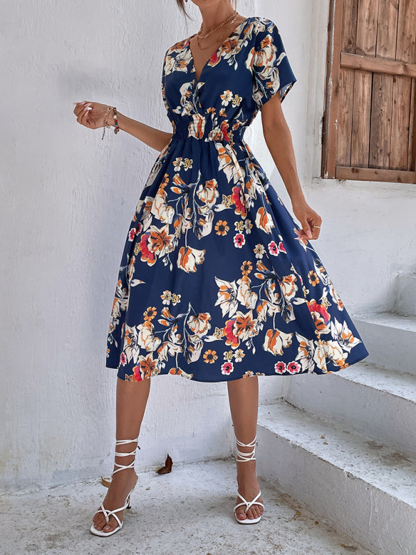 Summer new elegant vacation V-neck floral print short-sleeved dress BLUE ZONE PLANET