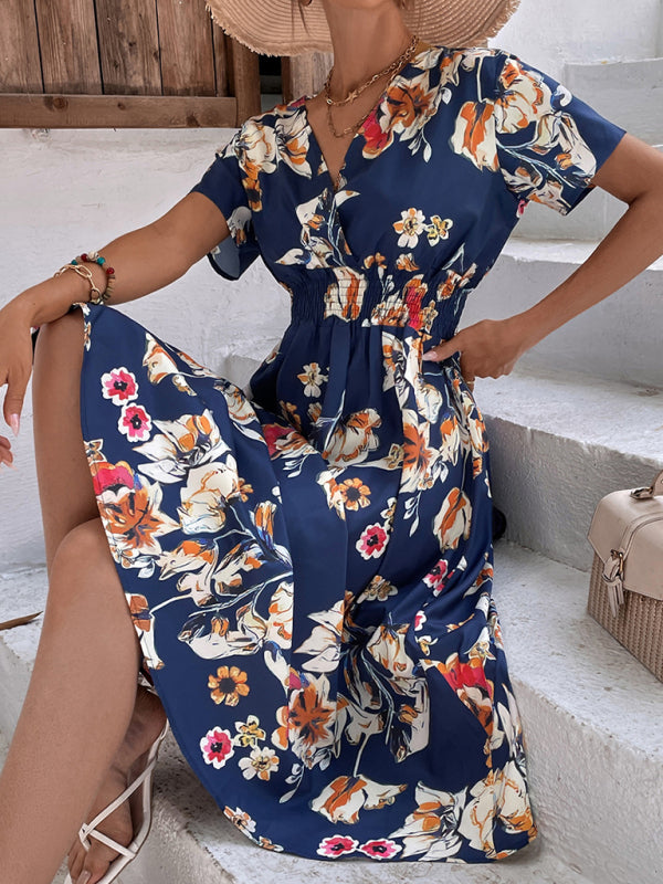 Summer new elegant vacation V-neck floral print short-sleeved dress BLUE ZONE PLANET